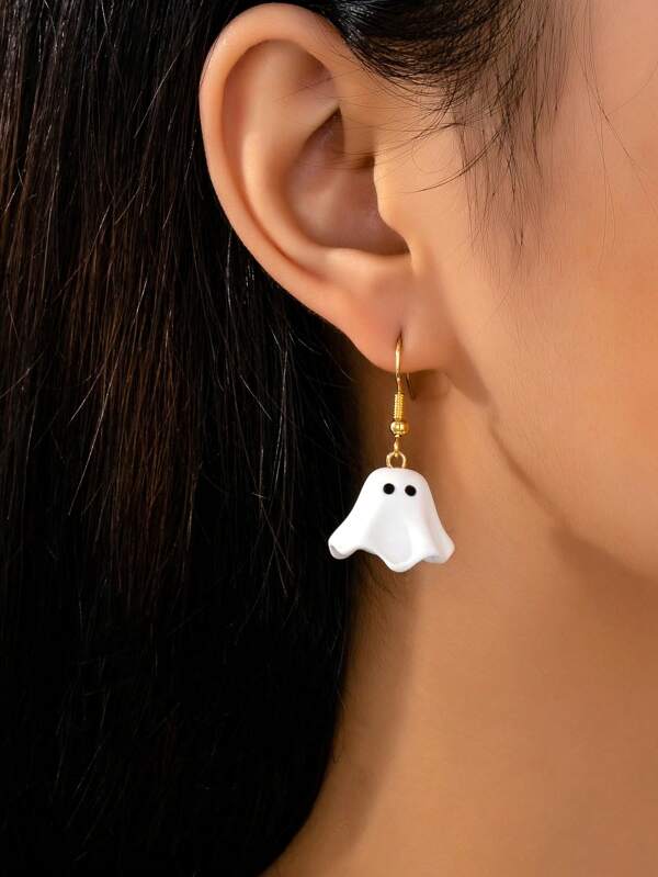 2 pièces/set Boucles d'oreilles blanches de fantôme d'Halloween avec cristaux noirs, convient pour le port lors de fêtes d'Halloween pour femmes