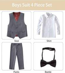 Boys Slim Fit 4-Piece Formal Suit Set - Vest, Pants & Shirt For Kids, Boys' Formal Wear For Weddings, Parties, School Events (2-14Y) - 灰色(領結) - 查看 4