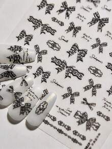 1片秋季新款白色/黑色/粉色蕾丝蝴蝶结美甲贴纸，可爱蝴蝶结美甲贴纸，白色粉色3D自粘复古精致蝴蝶结美甲设计用品，丝带蝴蝶结，女士DIY美甲装饰 - 彩色 - 查看 2