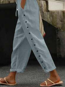 纯色弹力腰带可调节抽绳侧边纽扣口袋女裤 - 适合休闲、居家和户外活动，春季款 - 灰色 - 查看 1