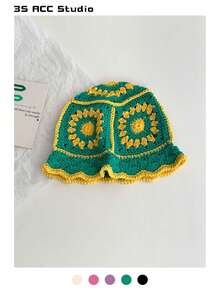 1 件手工钩编镂空撞色休闲渔夫帽，艺术小脸设计，适合女士冬季 - 彩色 - 查看 12