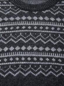 男士宽松北欧风几何图案圆领套头毛衣，男女通用款，秋冬季长袖针织衫 - 灰色 - 查看 9