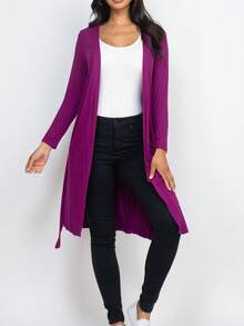 Womens Casual Elegant Long Knitted Cardigan With Shawl Collar And Long Sleeve High Stretch Fabric - 紫色 - 查看 2