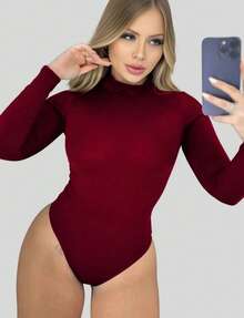 Women's Bodysuit Long Sleeve Cacharrel Simple Elegant Party Casual Fashion - 酒紅色 - 查看 2