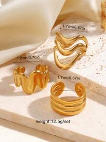 3 件套不锈钢 18K 镀金波浪线戒指，适合女性日常佩戴 - 彩色 - 查看 3
