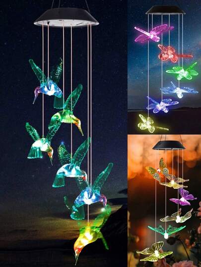 1pc Solar Wind Chimes Light, 6LED Color Changing Solar Wind Chime Light, Waterproof Romantic Solar Powered Butterfly,Dragonfly,Hummingbird Lights, Home, Yard, Balcony, Outdoor Garden Decoration Fall Decor House Decor Outdoor Decor