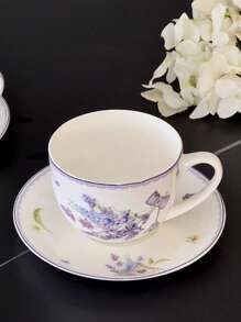 1 Set Taza y platillo de cerámica con diseño romántico de campo lavanda, taza de té con delicadas flores moradas, taza con encaje estilo femenino, taza para leche, taza de café y platillo, serie de vajilla de princesa, té de tarde en el jardín, regalo de cumpleaños