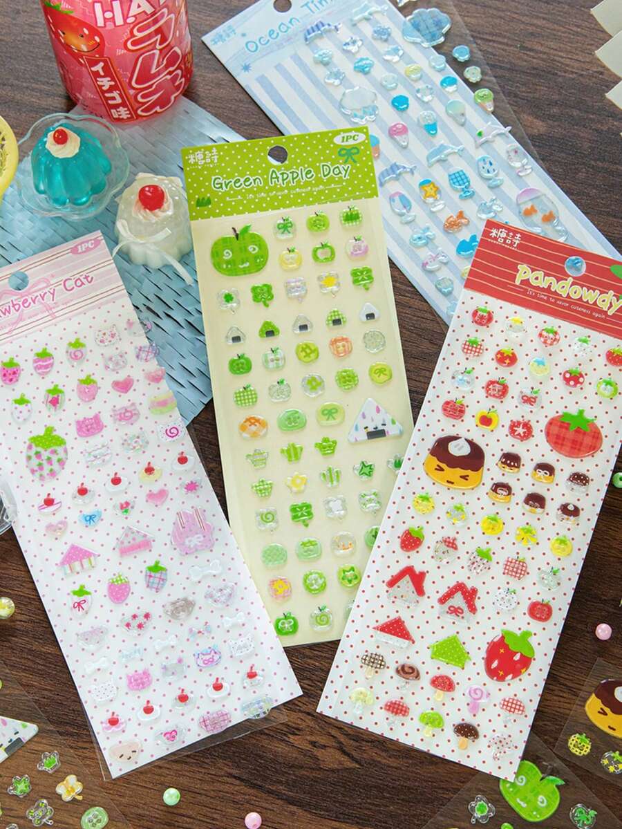 1pc/2pcs Random Korean Vintage Button Mini Strawberry Apple Epoxy Sticker Set, Cute Decorative Stickers For Scrapbooking/Planner