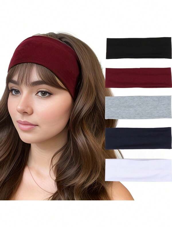 1/5pcs Women Sweat Absorbent Sports Headband - Wide, Elastic, Solid Color Fabric Headband, Suitable For Running And Fitness, Comfortable Anti-Slip Design