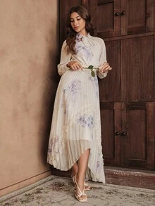 Savoree 女士蝴蝶结装饰花卉印花不对称下摆长袖端庄连衣裙，春季服装 - 查看 7