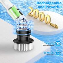 IAGREEA Elektrischer Rotations-Schrubber mit 3 einstellbaren Geschwindigkeiten, kabelloser elektrischer Rotationsbürsten-Reiniger, Handbrause mit 9/6 austauschbaren Bürstenköpfen, 2000mAh Akku, einstellbarer Verlängerungsgriff, geeignet für Fliesen, Badewanne, Waschbecken, Wand, Bad, USB-C Ladekabel