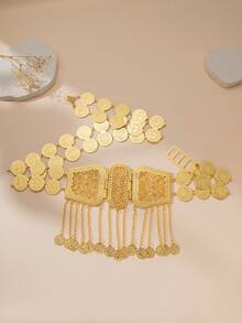 1 pieza Cinturón para la cintura decorado con moneda chapada en oro cobre para mujeres, abaya turca, joyería corporal para fiesta de boda árabe - Dorado - Ver 4