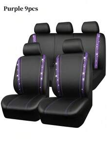 9PCS/4PCS Leather Bling Diamond Car Seat Covers Full Set - Waterproof Anti-Slip Rhinestone Automotive Covers, Universal Fit For Car/SUV/Sedan/Van, Airbag Compatible With Rear Zipper Design 9PCS Includes: 2 Front Seat Covers + 1 Backrest Cover + 1 Back Seat Cover + 5 Headrest Covers, 4PCS Includes: 2 Front Seat Covers + 2 Headrest Covers - 款式A - 查看 16