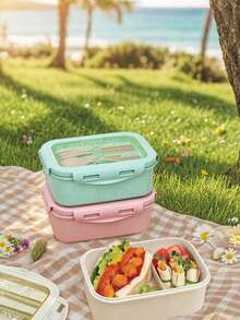 1 件学生午餐盒，带两个隔层，内置餐具套装，可重复使用的圆形和方形便当盒，微波炉加热（带盖），便携式轻便手持学生午餐盒，冰箱保存，适用于厨房、户外、学校用品和厨房用具、万圣节和圣诞节礼物、返校。 - 卡其色 - 查看 7