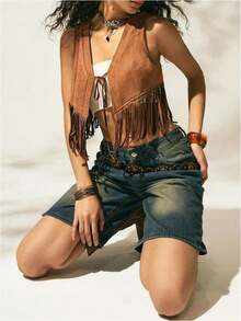 Women's Vest Cardigan, Vintage Solid Color Tassel Sleeveless Lace-Up Vest Cardigan, For Party Club Street Wear - nâu đỏ - Xem 4