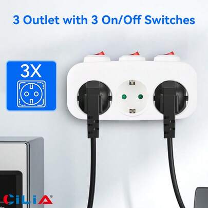 CILIA EU-Stecker-Adapter mit 3 Schuko-Steckdosen, Mehrfachsteckdose mit unabhängigem Schalter, 3 horizontale Steckdosen, Wandsteckdose ohne Kabel, Mehrfachsteckdose, Schwarz