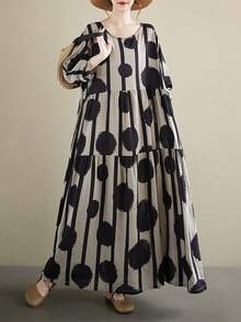 AZAH Bluzki, Jesienna nowość 2025, Luźna sukienka z okrągłym dekoltem i długimi rękawami, Sukienka damska w rozmiarze plate, Luźna sukienka plażowa w stylu boho na wakacje, Sukienka bazowa, Jedna sukienka, Długa sukienka jesienna