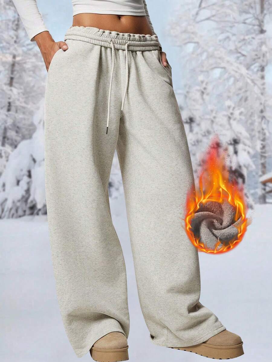 秋冬新款保暖内衬厚款休闲百搭高腰松紧腰宽松阔腿运动裤 - 灰色 - 查看 1