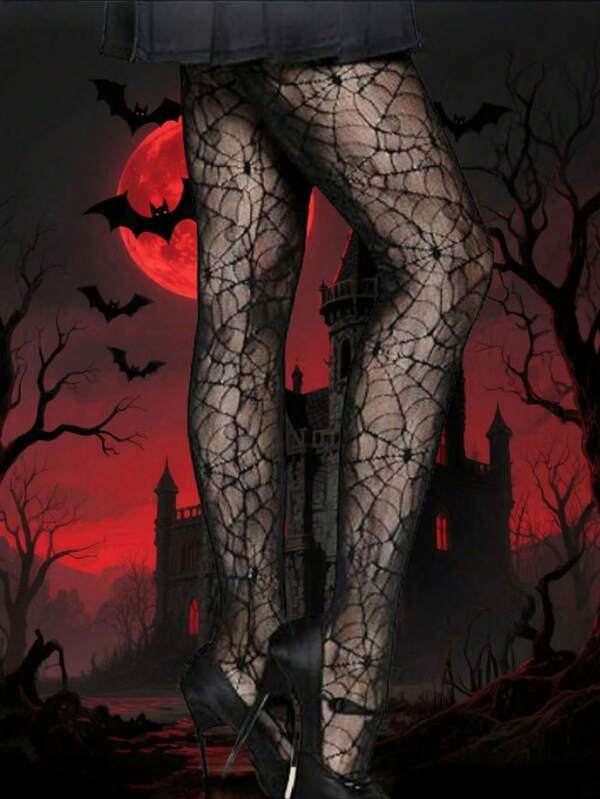 1 条女式万圣节渔网紧身裤，高腰蕾丝蜘蛛网图案紧身裤