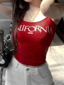 Women's Slim Fit Letter Print Camisole Tank Top, Summer - Red - View 3