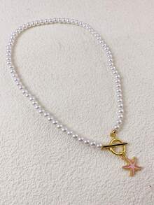 1 pieza Collar con colgante de estrella de mar de acero inoxidable con cierre de T, diseño de perla falsa, adecuado para mujeres en verano y viajes (no incluye caja de joyería) - estrella de mar - Ver 8