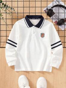 Tween Boy Polo Collar Casual Loose Shirts, British Style Long Sleeve T-Shirts, Fashionable Spring Autumn Tops - White - View 2