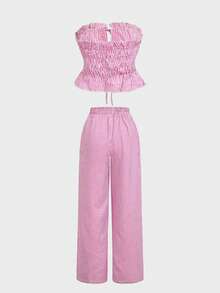 2pcs/Set Women Striped Pants And Striped Front Tie Ruffle Hem Crop Top, Pink - Pink - View 8
