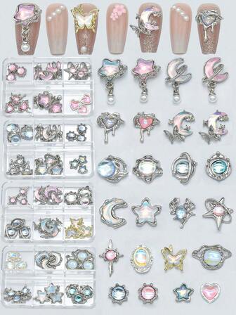 Caja de 6 compartimentos con decoraciones de arte de uñas de mocha mixto - Serie asimétrica de mocha (encantos de uñas en forma de corazones, estrellas, luna) - Kit de decoración de arte de uñas de mocha dulce - Suministros de manicura, gemas para uñas