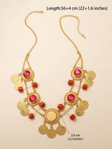 1件阿拉伯金币流苏项链，女士时尚亚克力宝石水晶花朵新娘婚礼首饰 - 金黃色 - 查看 3