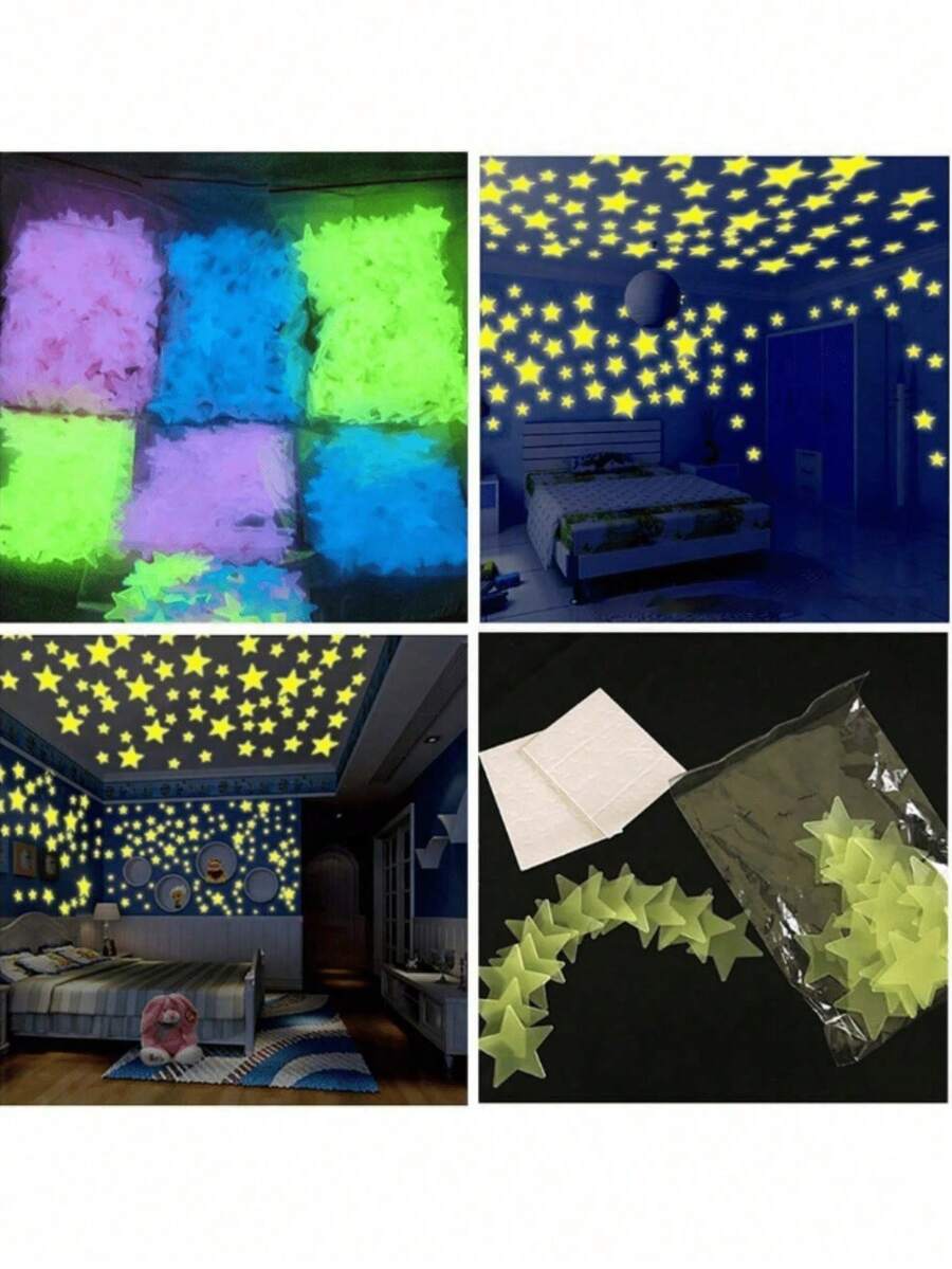 100pcs 3cm Luminous Glow-In-The-Dark Stars Wall Stickers, 3D Realistic Shine, Solid Color And Mixed Colors Home Decor Room Decor