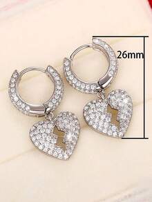 1pair Dazzling Cubic Zirconia Heart Dangle Hoop Earrings For Men Cool Punk Rock Earring Hip Hop Party Jewelry - Silver - View 6