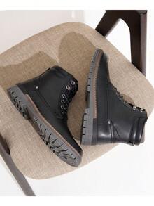 SHOESMALL Men's Waterproof Leather Work Boots With Rubber Sole Fashion  Ankle Black  PU Shoes Casual Boot Hiking Zipper Chukka Boots For Men - AMY8118A-blackpu - 查看 5