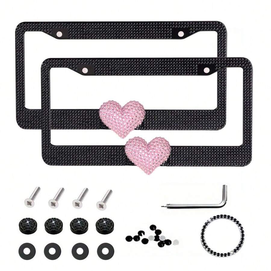 2PCS Glitter Diamond License Plate Frame Set, Stainless Steel Rhinestone Frame With Sparkling Screw Caps, Multi-Color Pink Heart Design, Girls Car Decor Accessories, Easy Install & Durable, Personalized Auto Upgrade - Black 2pcs - View 1