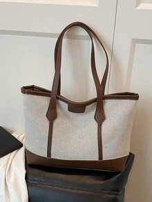 1 件棕色针织面料顺滑拉链时尚休闲拼布 2025 春夏新款小众大容量单肩托特包，适合女性日常使用 - 棕色 - 查看 5