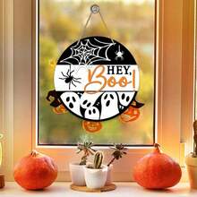 Placa "Hey Boo" de Fantasma para Decoração da Porta da Frente no Halloween, Pendurador de Porta de Madeira com Teia de Aranha Assustadora para Varanda Externa, Decoração de Parede Interna Engraçada de Guirlanda de Madeira para Festa