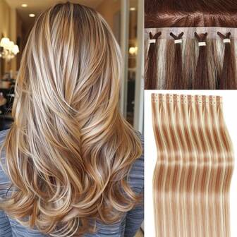 10개 하이라이트 금발 헤어 익스텐션 합성 헤어 투명 테이프 인 PU 헤어 익스텐션 여성용 마이크로 홀 헤어 익스텐션