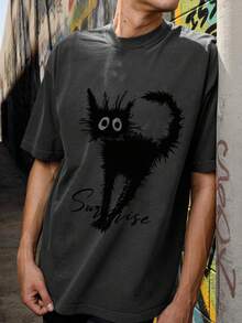 男士“涂鸦黑猫”印花圆领灰色短袖休闲T恤，可机洗，夏季款 - 灰色 - 查看 1