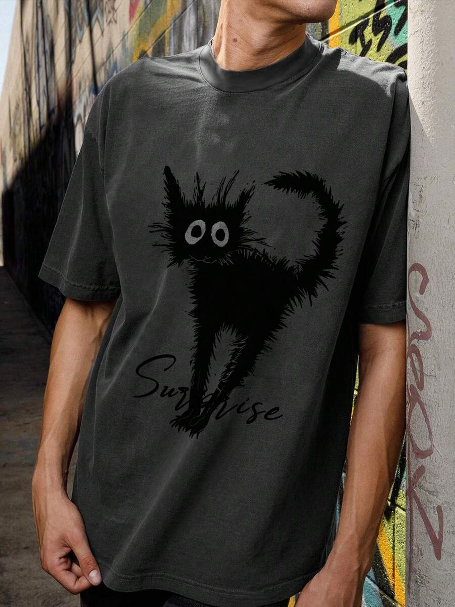 男士“涂鸦黑猫”印花圆领灰色短袖休闲T恤，可机洗，夏季款 - 灰色 - 查看 1