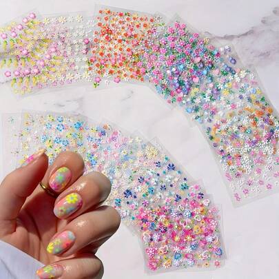 30 Sheets 3D Flower Nail Art Stickers - Self-Adhesive Vinyl Floral Decals With Glitter Accents, Assorted Colorful Daisies & Hearts For Women & S, Nail Design Decoration Accessories, Flower Nail Stickers