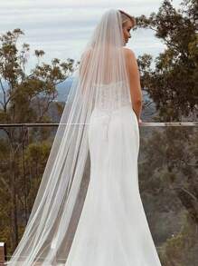 1pc Solid Color Long Simple Elegant Single Layer Bridal Veil, Suitable For Weddings, Soft Mesh Women's Holiday Headpiece Fall Clothes For Women