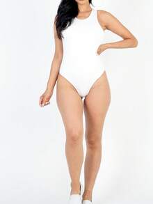 Women Bodysuit Outfit Sleeveless Shapewear Crew Neck Basic Solid Color Casual Skinny Bodysuit For Summer & Spring, Women's Clothing - 白色 - 查看 5