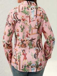 Blusa de manga larga con botones y cuello, estampado de dibujos animados, estilo occidental, talla grande, ligeramente elástica, perfecta para uso casual y de vacaciones, top de primavera y verano. Color: Rosa - Rosa - Ver 4