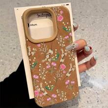 Diseño de patrón de flores de hojas pintadas a mano, teléfono con lente alta 15 Pro 16 14 Plus X 11 13 12 XS, cuero sintético suave resistente a todo incluido - Colores mixtos 1 - Ver 1
