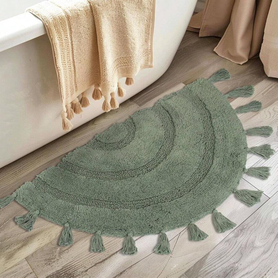 Half Circle Boho Rugs With Tassels 100 Cotton HandWoven Bath Rugs Non Slip Absorbent Crochet Rugs Machine Washable Boho Bath Mats For Floor Tub