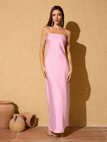 女式纯色简约日常抹胸连衣裙 - 粉色 - 查看 2