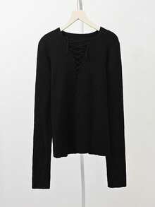 Hollow V-Neck Cropped Knit Sweater, Sleeveless, Solid Color, Sweet & Spicy Hong Kong Style - Black - View 5