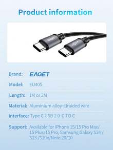 EAGET USB C To USB C Cable Type C 60W Fast Charging Cable Compatible With IPhone 16/15 Pro Max/Plus/Pro, Compatible With MacBook Pro Air/IPad, For Sam Sung Galaxy S24 S23 Tablets, Laptops Compatible With IPhone 16, 16 Pro Max, 15, 15 Plus, 15 Pro, 15 Pro Max,Compatible With Redmi, Compatible With OnePlus Charger