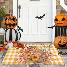 1 Stück Thanksgiving Rustikaler gelber Karomuster & Gänseblümchen Muster Fußmatte, weich rutschfest saugfähig waschbar Küchenmatte, festliche gemütliche Eingangsmatte, rechteckiger Florteppich Feiertags-Heimdekoration für Wohnzimmer, Schlafzimmer, Küche, Waschraum, Badezimmer