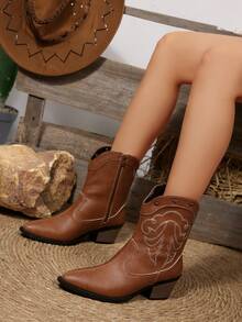 2025 时尚百搭纯色拼布流苏装饰刺绣侧拉链西部靴，女士户外运动鞋