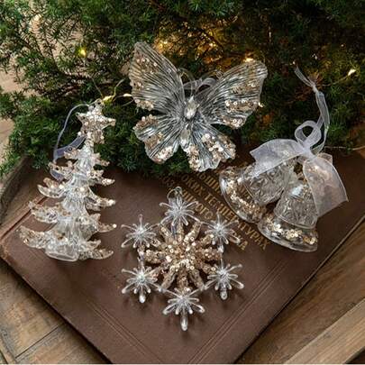 1 PC Christmas Acrylic Pendant Sequin Transparent Snowflake Pendant Christmas Tree Ornament Christmas Scene Decoration Props Home Decor Christmas Decorations Room Decor Winter